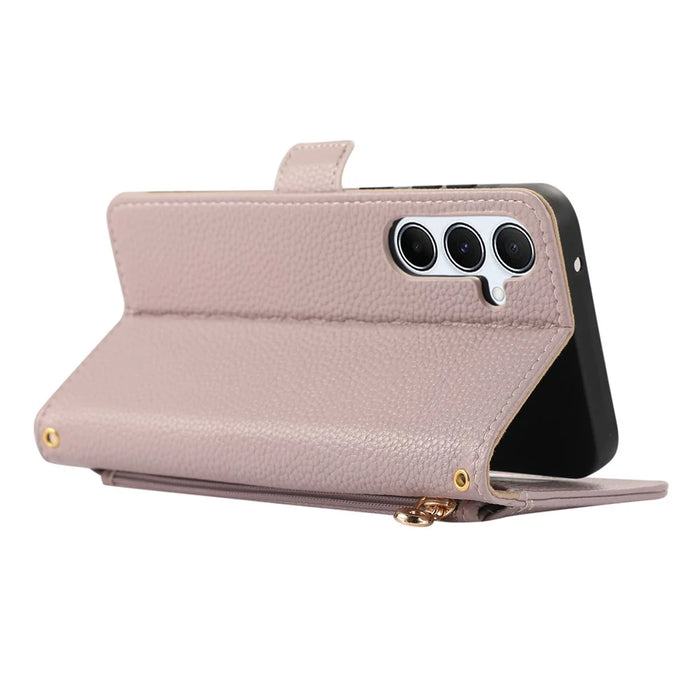 For Samsung Galaxy S24 Wallet Phone Case Shockproof TPU+PU Leather Flip Cover with Mirror, Strap - Purple - 4