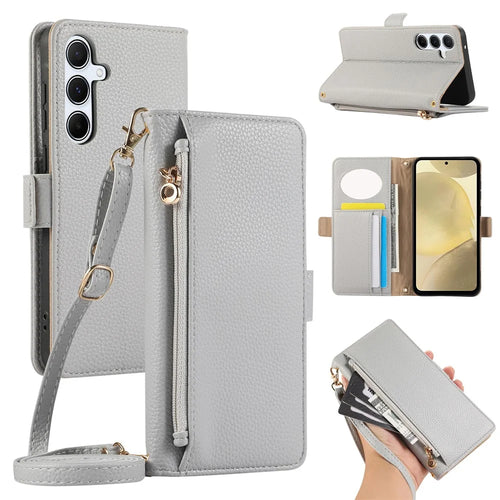 For Samsung Galaxy S24+ Wallet Phone Case Shockproof TPU+PU Leather Flip Cover with Mirror, Strap - Grey Blue - 1