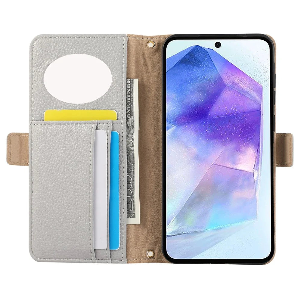 For Samsung Galaxy S24+ Wallet Phone Case Shockproof TPU+PU Leather Flip Cover with Mirror, Strap - Grey Blue - 2