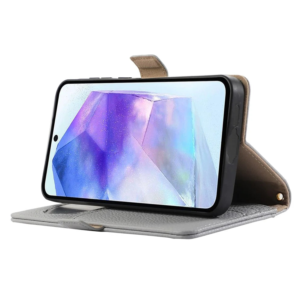 For Samsung Galaxy S24+ Wallet Phone Case Shockproof TPU+PU Leather Flip Cover with Mirror, Strap - Grey Blue - 3