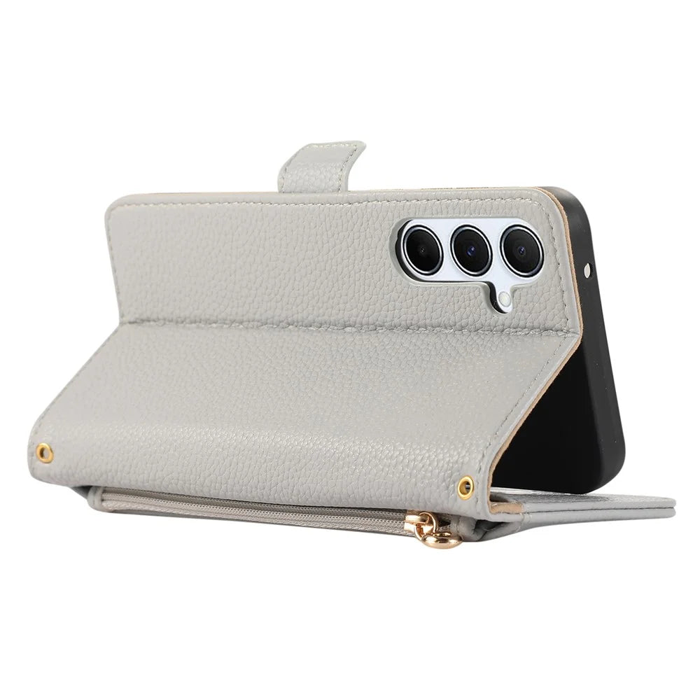 For Samsung Galaxy S24+ Wallet Phone Case Shockproof TPU+PU Leather Flip Cover with Mirror, Strap - Grey Blue - 4