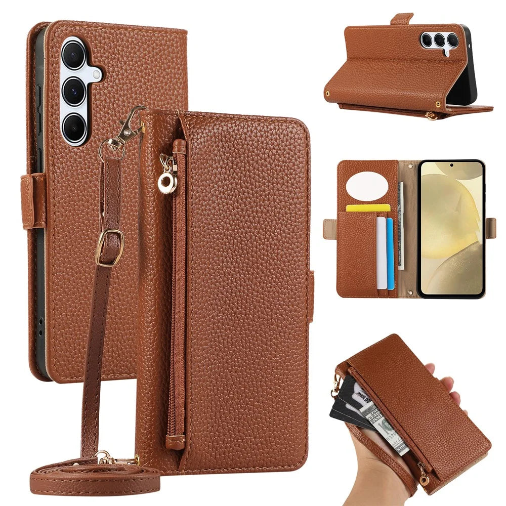 For Samsung Galaxy A15 5G / 4G Wallet Phone Case Shockproof TPU+PU Leather Flip Cover with Mirror, Strap - Brown - 1