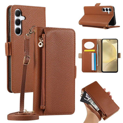 For Samsung Galaxy A15 5G / 4G Wallet Phone Case Shockproof TPU+PU Leather Flip Cover with Mirror, Strap - Brown - 1