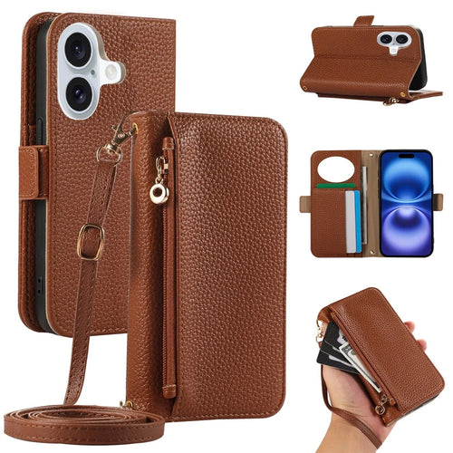 For iPhone 16 Wallet Phone Case Shockproof TPU+PU Leather Flip Cover with Mirror, Strap - Brown - 1