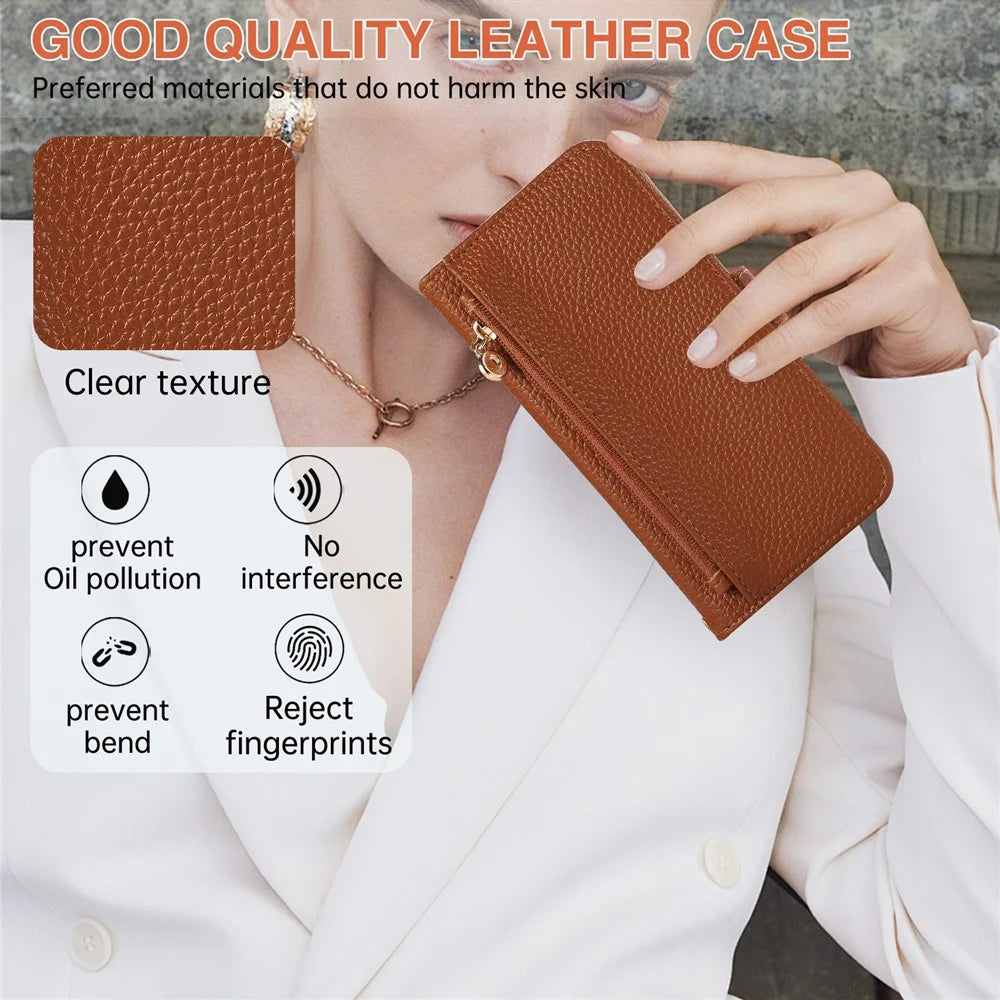 For iPhone 16 Wallet Phone Case Shockproof TPU+PU Leather Flip Cover with Mirror, Strap - Brown - 7