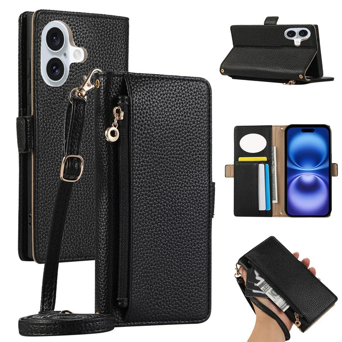 For iPhone 16 Plus Wallet Phone Case Shockproof TPU+PU Leather Flip Cover with Mirror, Strap - Black - 1