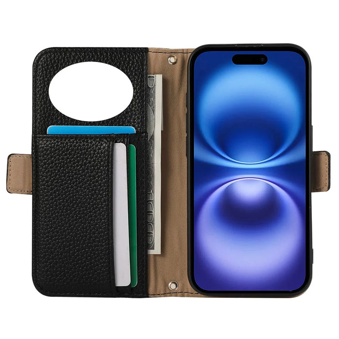 For iPhone 16 Plus Wallet Phone Case Shockproof TPU+PU Leather Flip Cover with Mirror, Strap - Black - 2