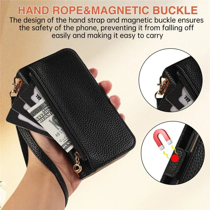 For iPhone 16 Plus Wallet Phone Case Shockproof TPU+PU Leather Flip Cover with Mirror, Strap - Black - 5