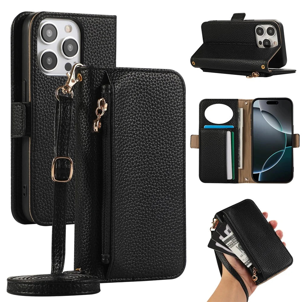 For iPhone 16 Pro Wallet Phone Case Shockproof TPU+PU Leather Flip Cover with Mirror, Strap - Black - 1