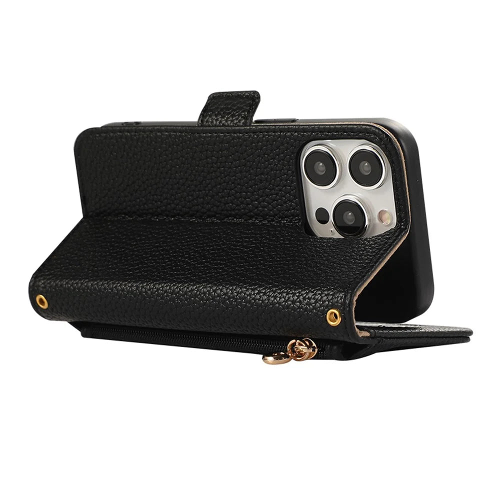 For iPhone 16 Pro Wallet Phone Case Shockproof TPU+PU Leather Flip Cover with Mirror, Strap - Black - 4