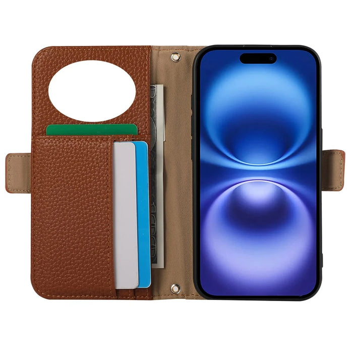 For iPhone 16 Pro Max Wallet Phone Case Shockproof TPU+PU Leather Flip Cover with Mirror, Strap - Brown - 2