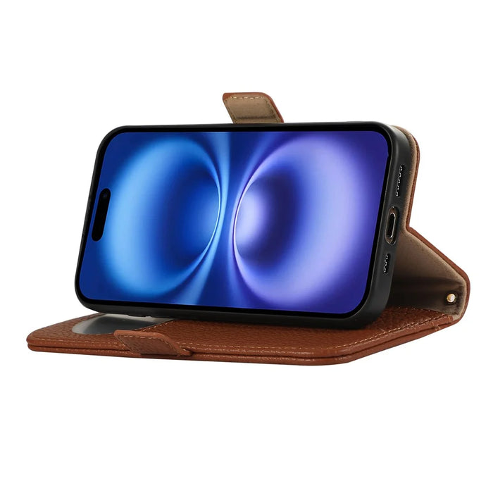 For iPhone 16 Pro Max Wallet Phone Case Shockproof TPU+PU Leather Flip Cover with Mirror, Strap - Brown - 3