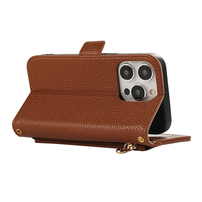 For iPhone 16 Pro Max Wallet Phone Case Shockproof TPU+PU Leather Flip Cover with Mirror, Strap - Brown - 4