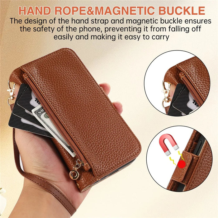 For iPhone 16 Pro Max Wallet Phone Case Shockproof TPU+PU Leather Flip Cover with Mirror, Strap - Brown - 7