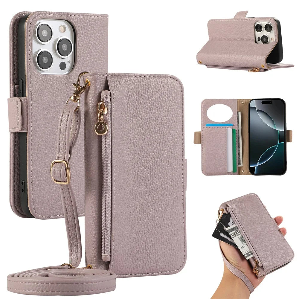 For iPhone 15 Pro Max Wallet Phone Case Shockproof TPU+PU Leather Flip Cover with Mirror, Strap - Purple - 1