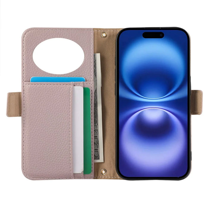For iPhone 15 Pro Max Wallet Phone Case Shockproof TPU+PU Leather Flip Cover with Mirror, Strap - Purple - 2