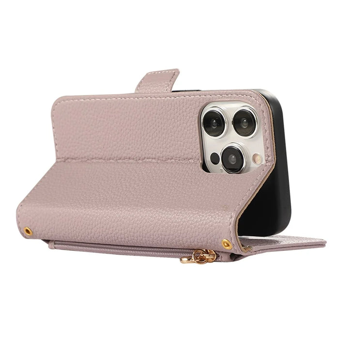 For iPhone 15 Pro Max Wallet Phone Case Shockproof TPU+PU Leather Flip Cover with Mirror, Strap - Purple - 4