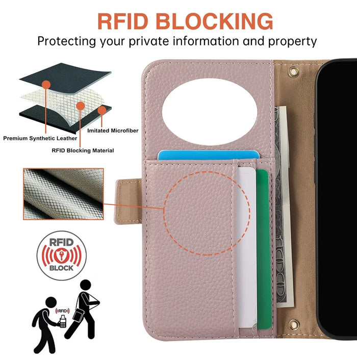 For iPhone 15 Pro Max Wallet Phone Case Shockproof TPU+PU Leather Flip Cover with Mirror, Strap - Purple - 5