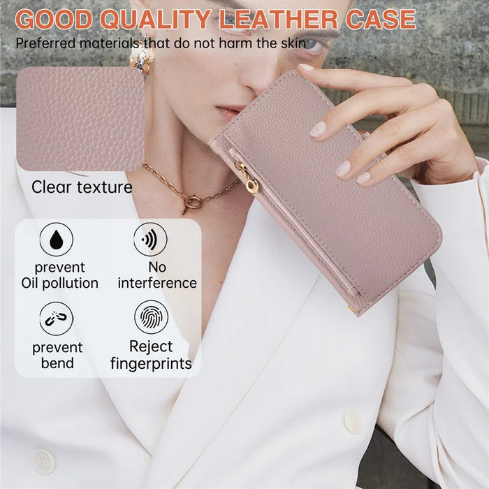 For iPhone 15 Pro Max Wallet Phone Case Shockproof TPU+PU Leather Flip Cover with Mirror, Strap - Purple - 7