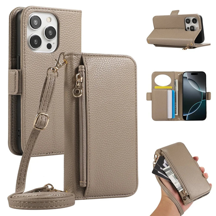 For iPhone 15 Pro Wallet Phone Case Shockproof TPU+PU Leather Flip Cover with Mirror, Strap - Khaki - 1