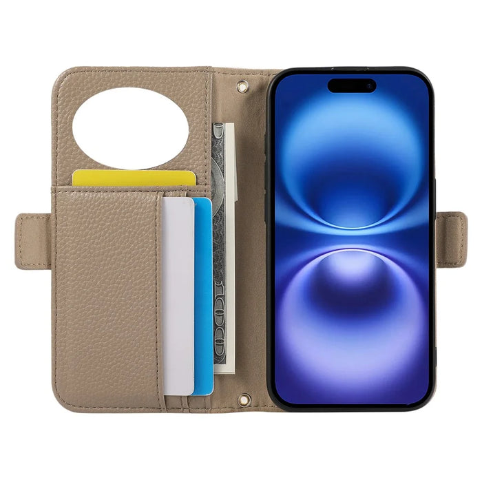 For iPhone 15 Pro Wallet Phone Case Shockproof TPU+PU Leather Flip Cover with Mirror, Strap - Khaki - 2