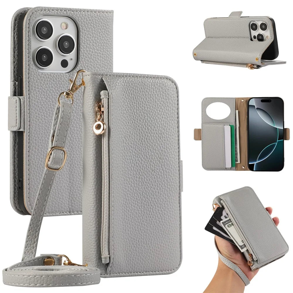 For iPhone 14 Pro Max Wallet Phone Case Shockproof TPU+PU Leather Flip Cover with Mirror, Strap - Grey Blue - 1