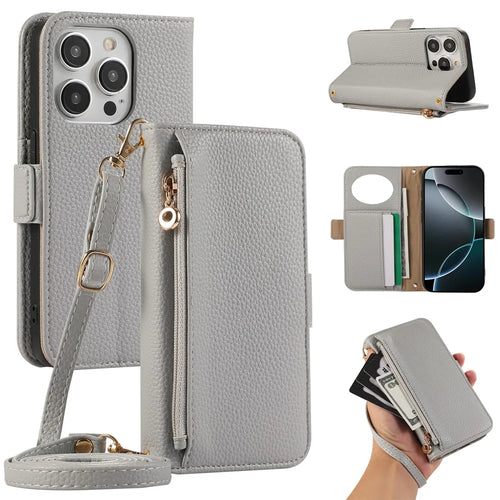 For iPhone 14 Pro Max Wallet Phone Case Shockproof TPU+PU Leather Flip Cover with Mirror, Strap - Grey Blue - 1