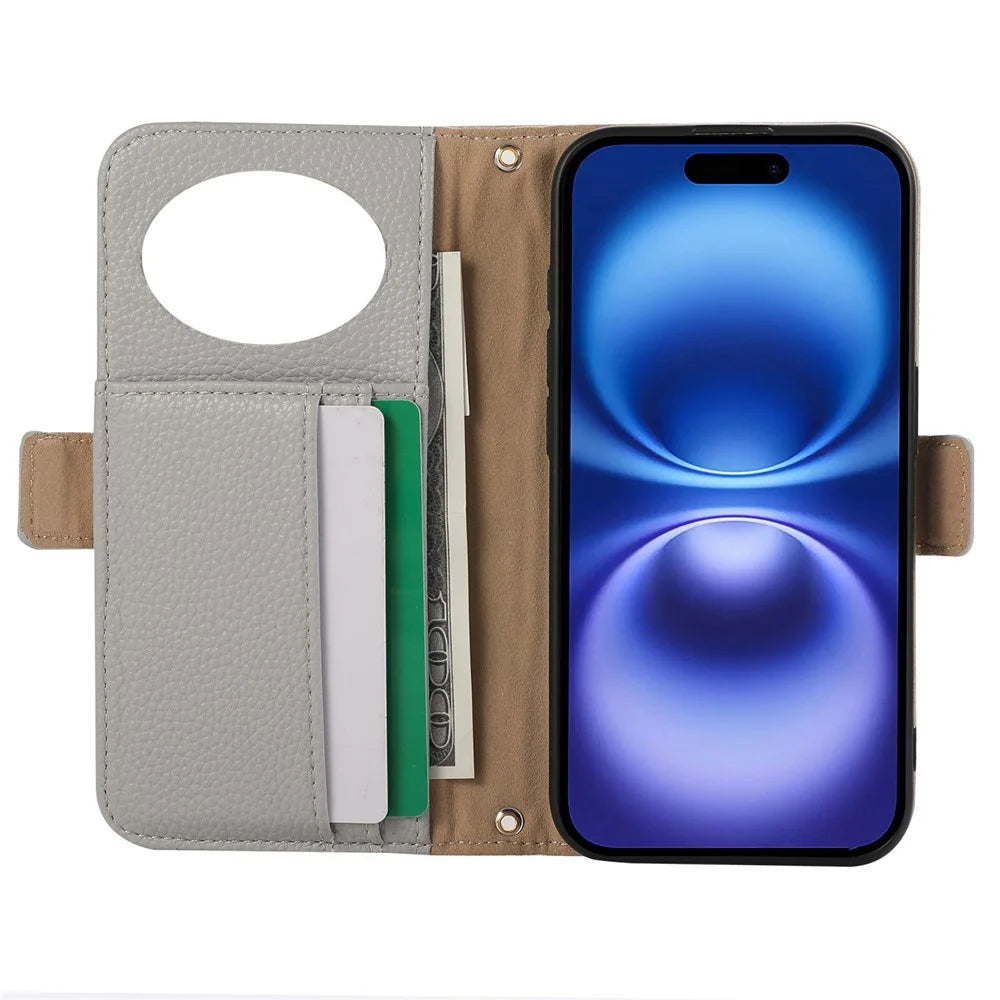 For iPhone 14 Pro Max Wallet Phone Case Shockproof TPU+PU Leather Flip Cover with Mirror, Strap - Grey Blue - 2