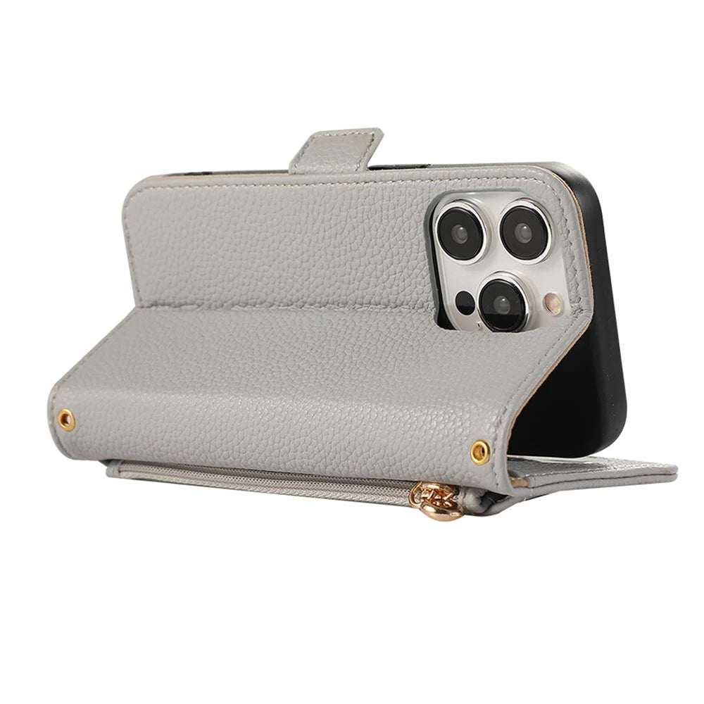 For iPhone 14 Pro Max Wallet Phone Case Shockproof TPU+PU Leather Flip Cover with Mirror, Strap - Grey Blue - 4
