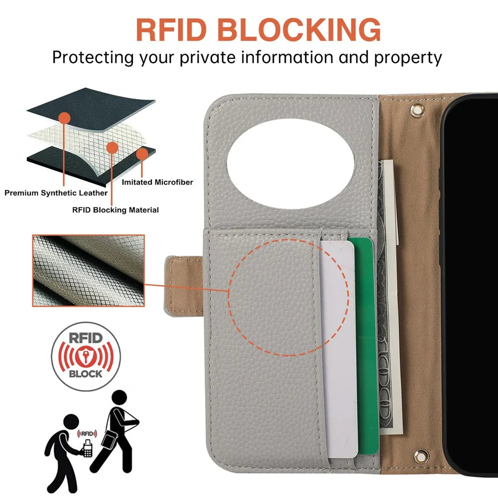 For iPhone 14 Pro Max Wallet Phone Case Shockproof TPU+PU Leather Flip Cover with Mirror, Strap - Grey Blue - 5