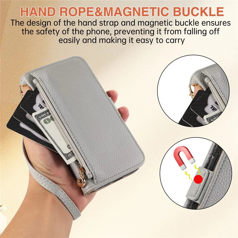 For iPhone 14 Pro Max Wallet Phone Case Shockproof TPU+PU Leather Flip Cover with Mirror, Strap - Grey Blue - 7