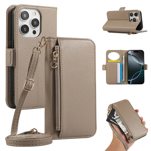 For iPhone 14 Pro Wallet Phone Case Shockproof TPU+PU Leather Flip Cover with Mirror, Strap - Khaki - 1