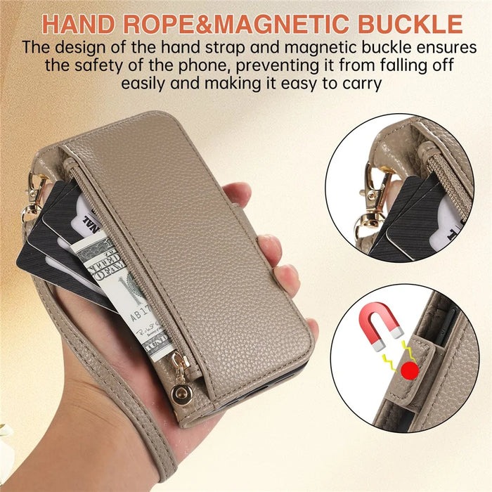 For iPhone 14 Pro Wallet Phone Case Shockproof TPU+PU Leather Flip Cover with Mirror, Strap - Khaki - 6