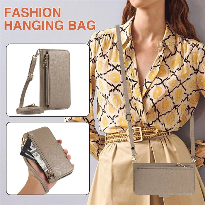 For iPhone 14 Pro Wallet Phone Case Shockproof TPU+PU Leather Flip Cover with Mirror, Strap - Khaki - 7