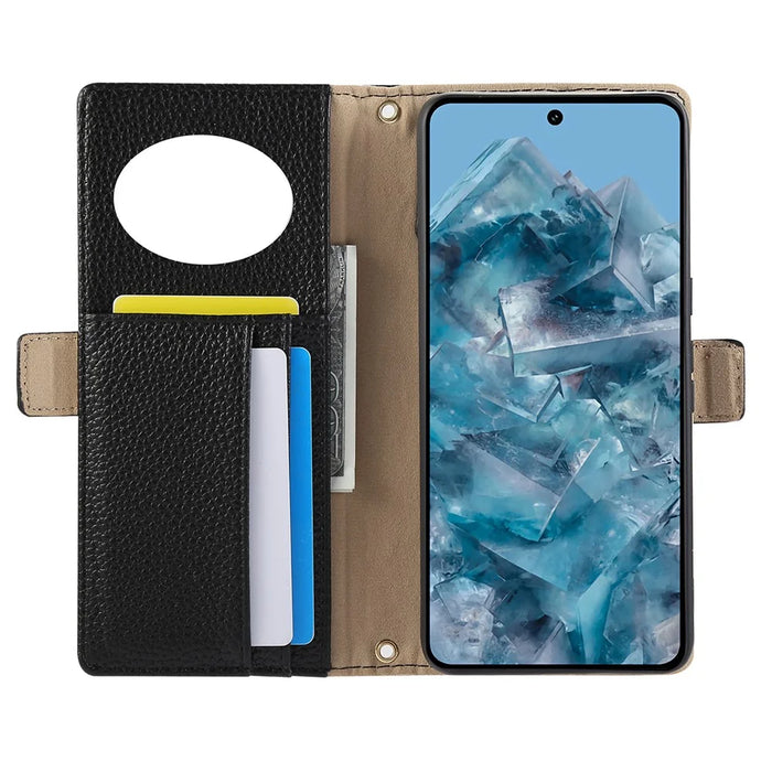 For Google Pixel 8 Pro Wallet Phone Case Shockproof TPU+PU Leather Flip Cover with Mirror, Strap - Black - 2