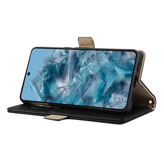 For Google Pixel 8 Pro Wallet Phone Case Shockproof TPU+PU Leather Flip Cover with Mirror, Strap - Black - 3