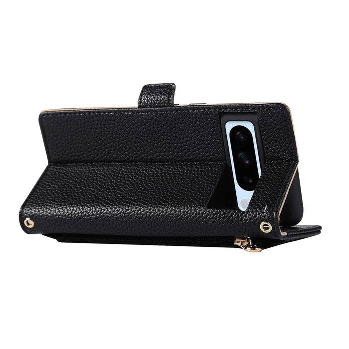 For Google Pixel 8 Pro Wallet Phone Case Shockproof TPU+PU Leather Flip Cover with Mirror, Strap - Black - 4