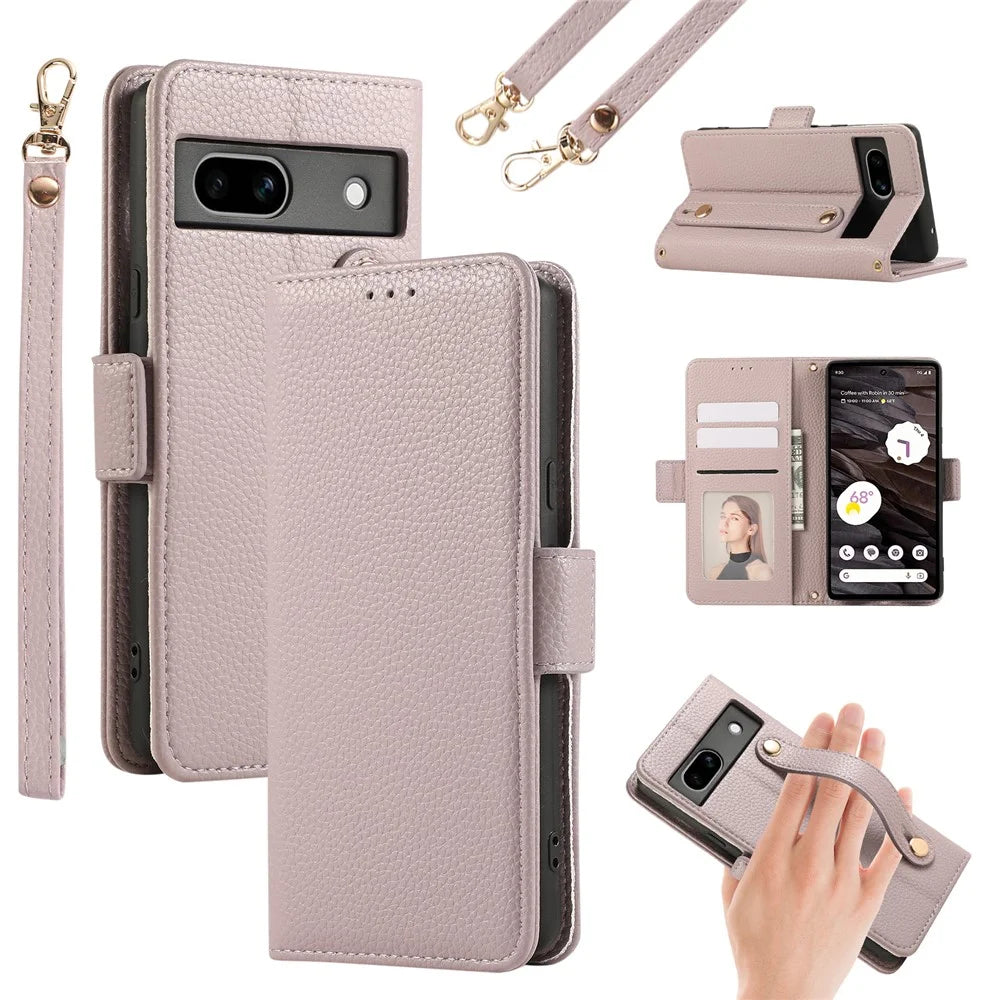 For Google Pixel 7a Leather Case with Card Holder, Straps, Shockproof Wallet Phone Cover - Purple - 1