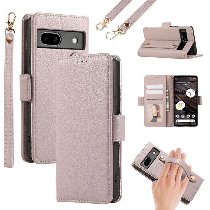 For Google Pixel 7a Leather Case with Card Holder, Straps, Shockproof Wallet Phone Cover - Purple - 1