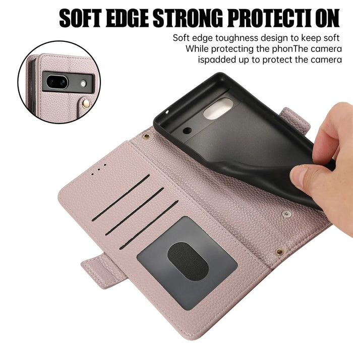 For Google Pixel 7a Leather Case with Card Holder, Straps, Shockproof Wallet Phone Cover - Purple - 7