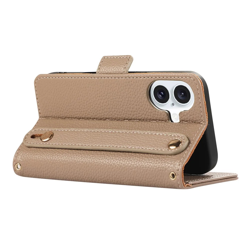 For iPhone 16 Leather Case with Card Holder, Straps, Shockproof Wallet Phone Cover - Khaki - 4