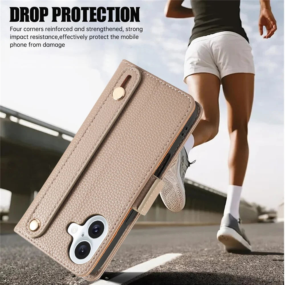 For iPhone 16 Leather Case with Card Holder, Straps, Shockproof Wallet Phone Cover - Khaki - 7