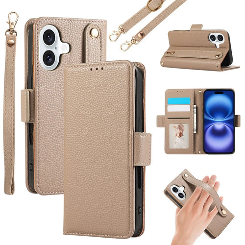 For iPhone 16 Plus Leather Case with Card Holder, Straps, Shockproof Wallet Phone Cover - Khaki - 1