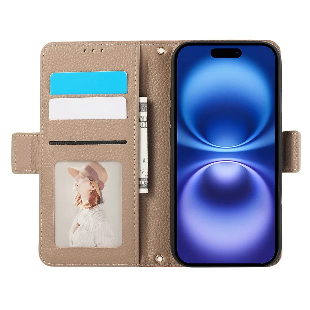 For iPhone 16 Plus Leather Case with Card Holder, Straps, Shockproof Wallet Phone Cover - Khaki - 2
