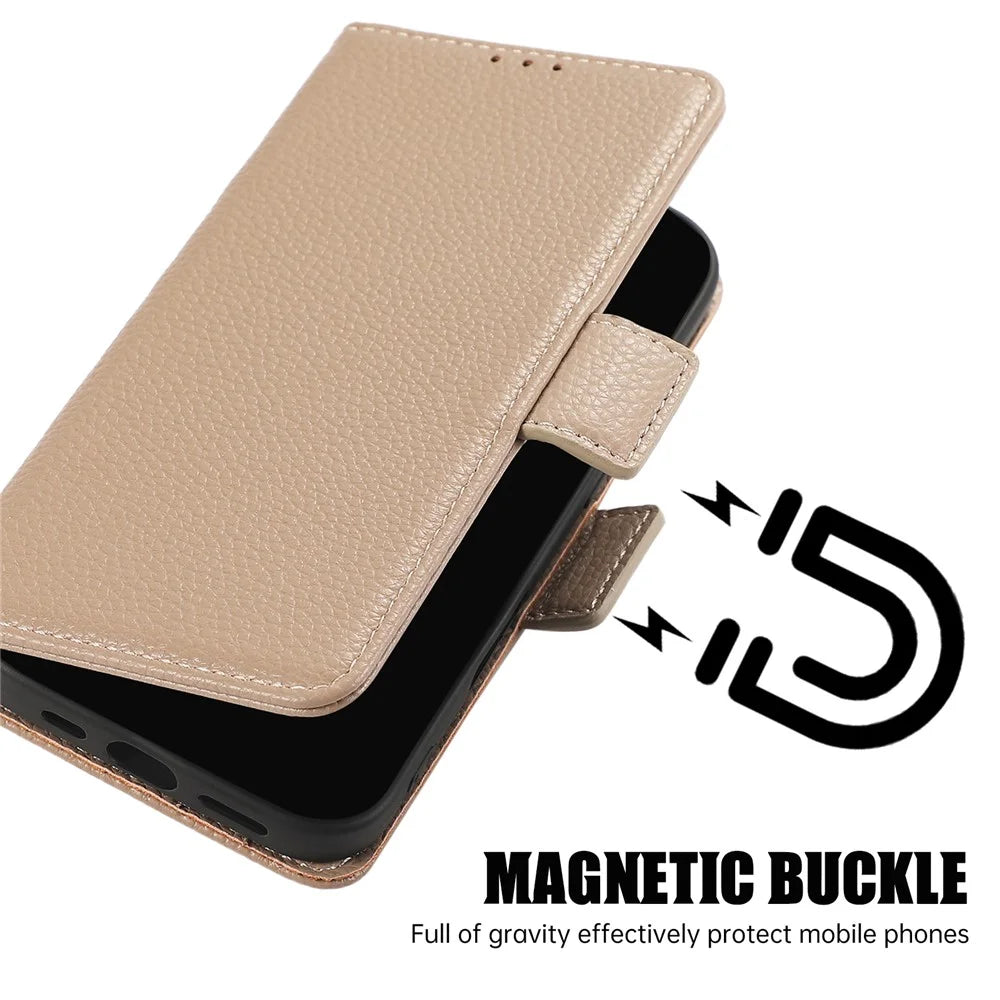 For iPhone 16 Plus Leather Case with Card Holder, Straps, Shockproof Wallet Phone Cover - Khaki - 5