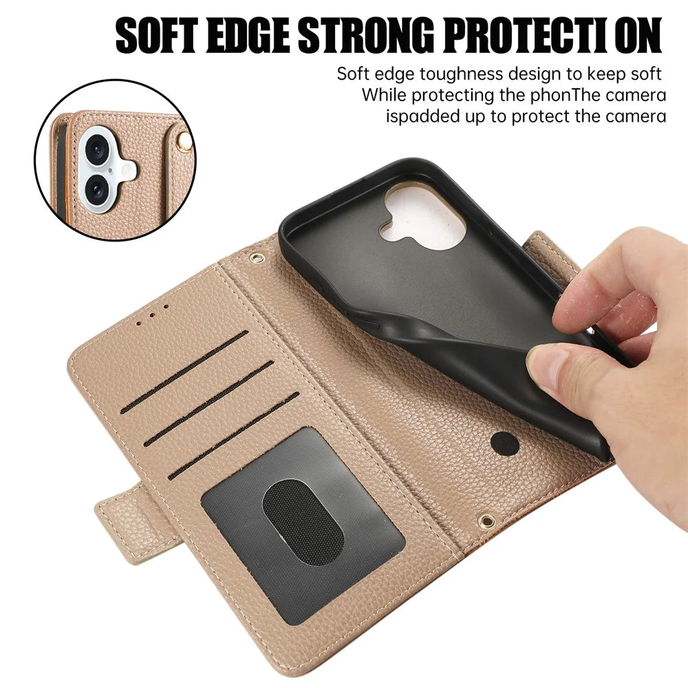 For iPhone 16 Plus Leather Case with Card Holder, Straps, Shockproof Wallet Phone Cover - Khaki - 6