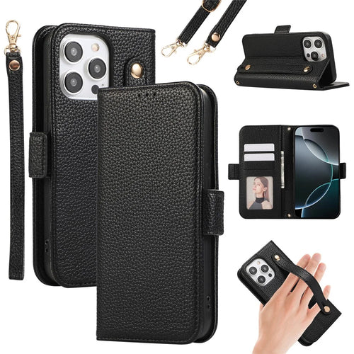 For iPhone 16 Pro Leather Case with Card Holder, Straps, Shockproof Wallet Phone Cover - Black - 1
