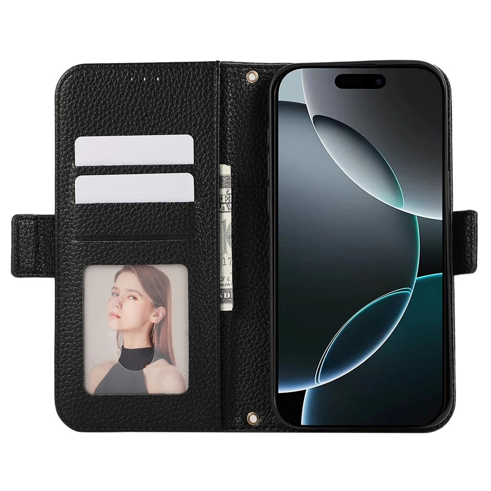 For iPhone 16 Pro Leather Case with Card Holder, Straps, Shockproof Wallet Phone Cover - Black - 2