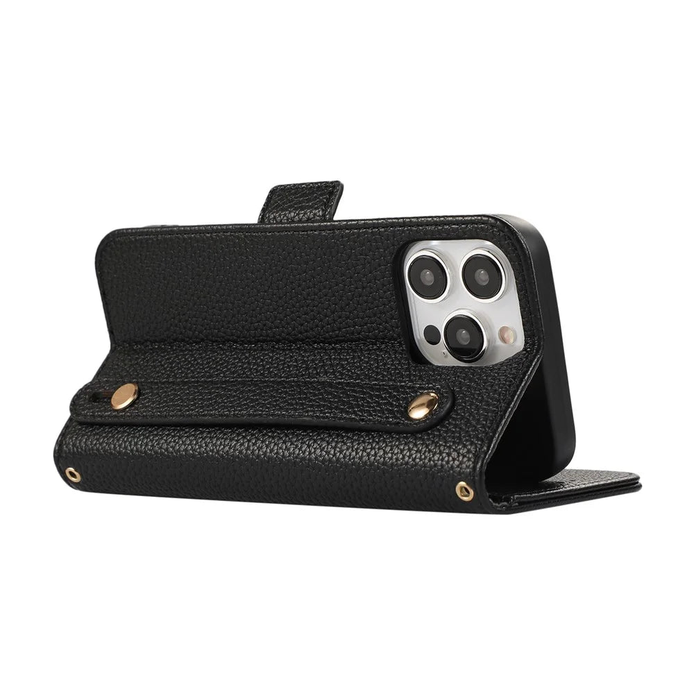 For iPhone 16 Pro Leather Case with Card Holder, Straps, Shockproof Wallet Phone Cover - Black - 4