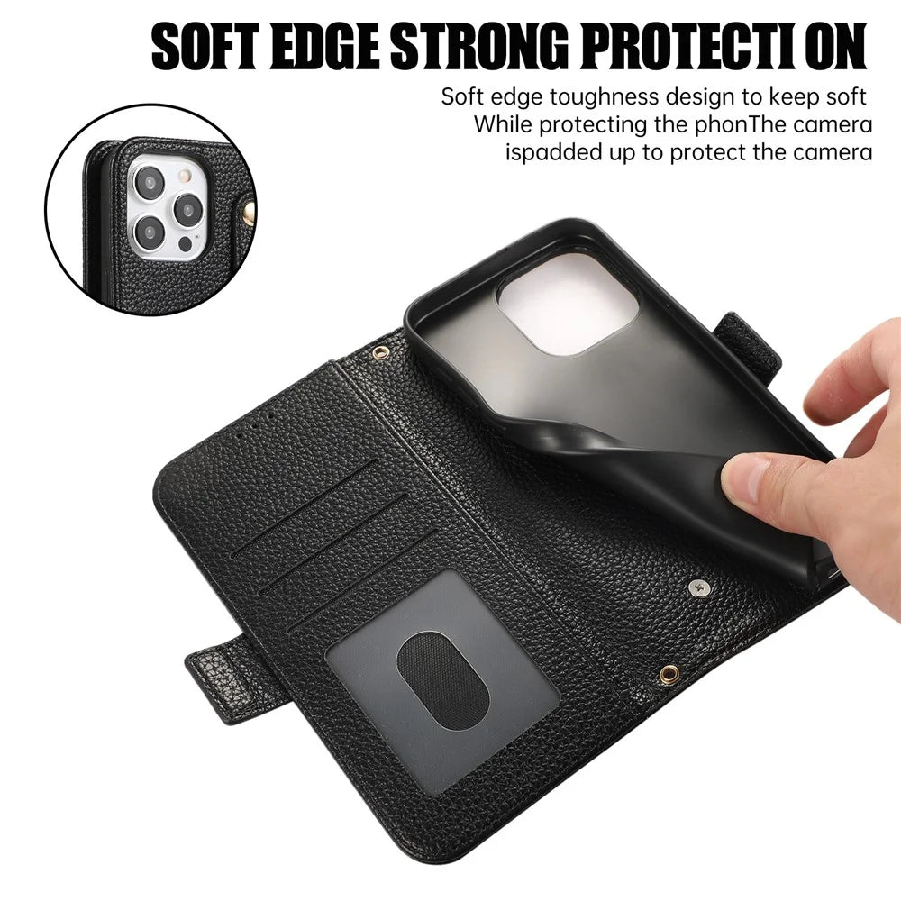 For iPhone 16 Pro Leather Case with Card Holder, Straps, Shockproof Wallet Phone Cover - Black - 6